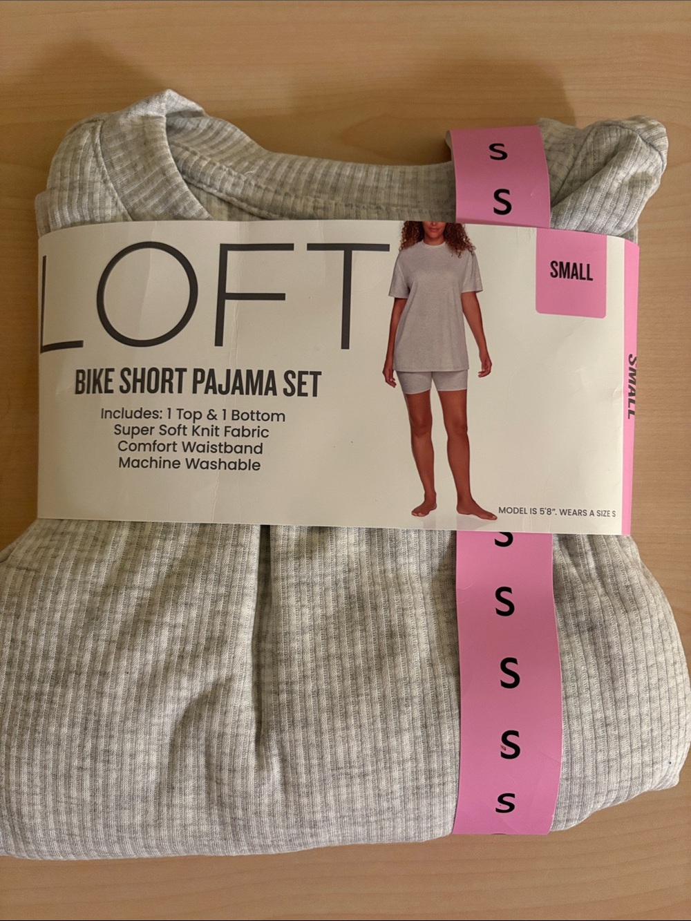 NWT LOFT Small 4-6 Light Heather Gray Ribbed Bike Short Pajama Set Soft Knit